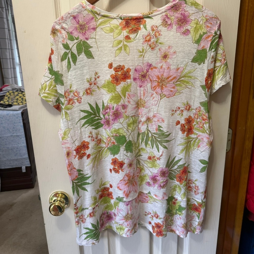 J. Jill Love Linen Shirt Womens XL White Floral Crossover-Hem Short Sleeve Linen - Picture 10 of 11